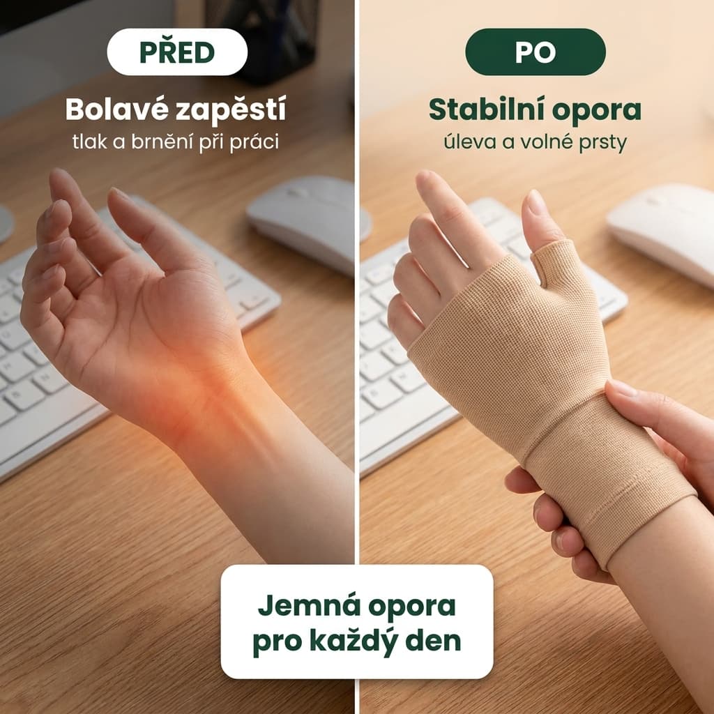 Kompresní bandáž na zápěstí před a po – stabilní opora a volné prsty